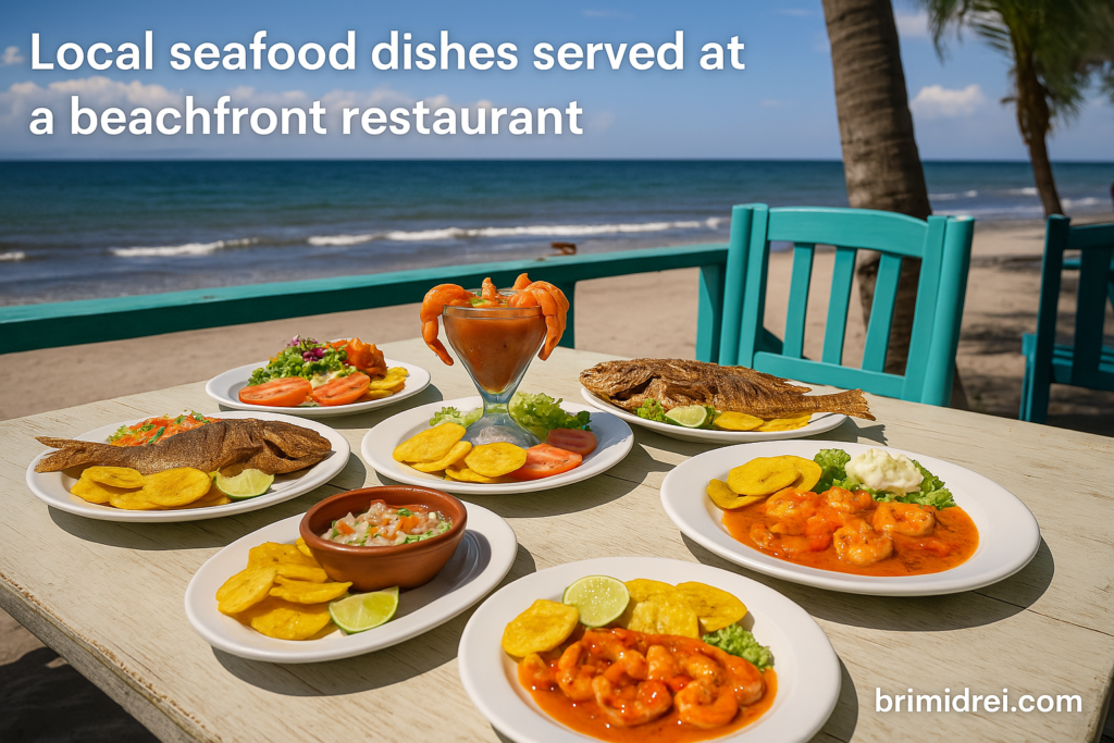 Delicious local seafood dishes served at a beachfront restaurant in Amapala, featuring grilled fish, shrimp, ceviche, and plantains with a view of the tranquil Gulf of Fonseca.