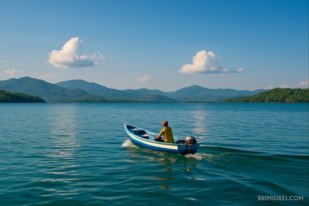 A small boat navigating the peaceful waters of the Gulf of Fonseca, offering a serene experience for visitors