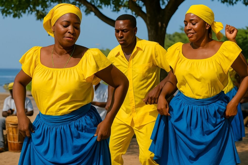 Garífuna dancers performing a traditional dance on the streets of Amapala