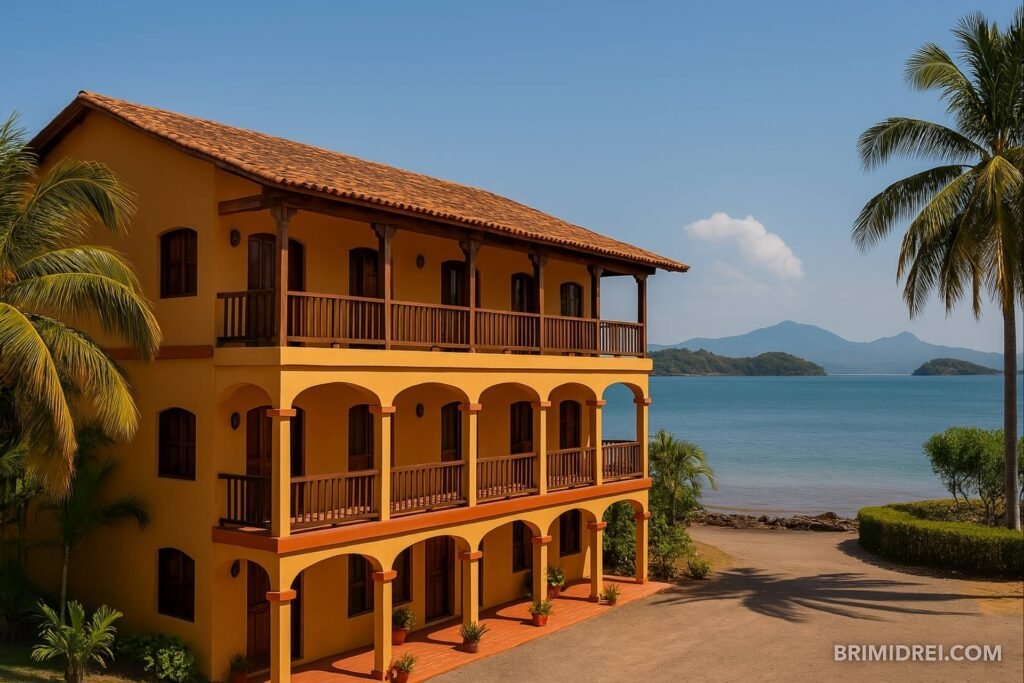 Hotel in Amapala with ocean view and tropical architecture, reflecting the local infrastructure and beauty of the Gulf of Fonseca, Honduras.