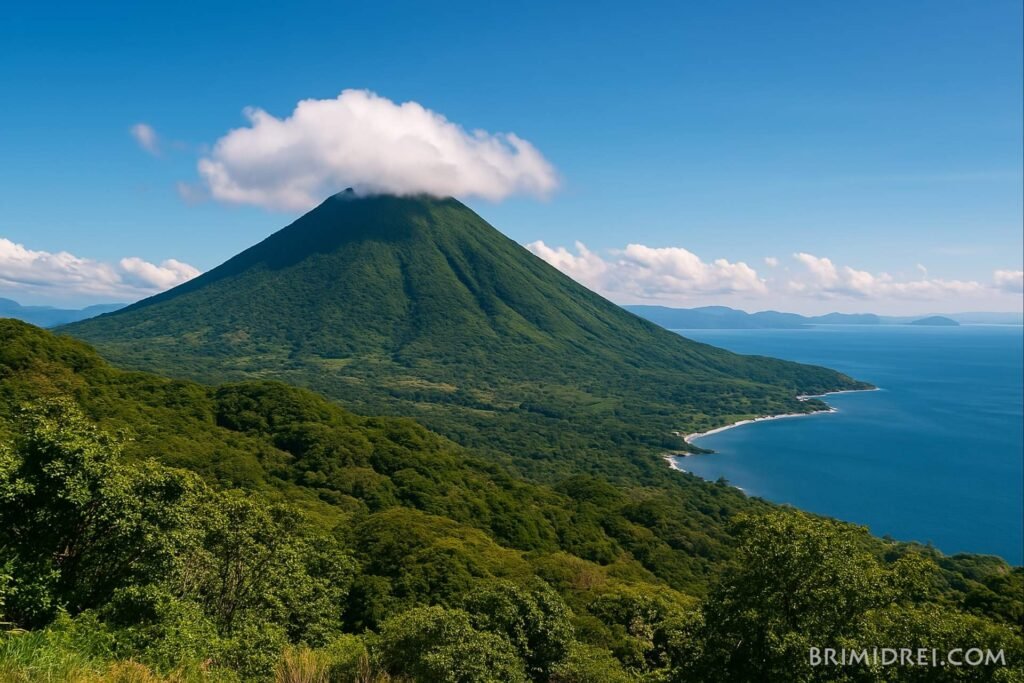 Panoramic view of Volcán de Conchagua with lush vegetation and Gulf of Fonseca in the background.