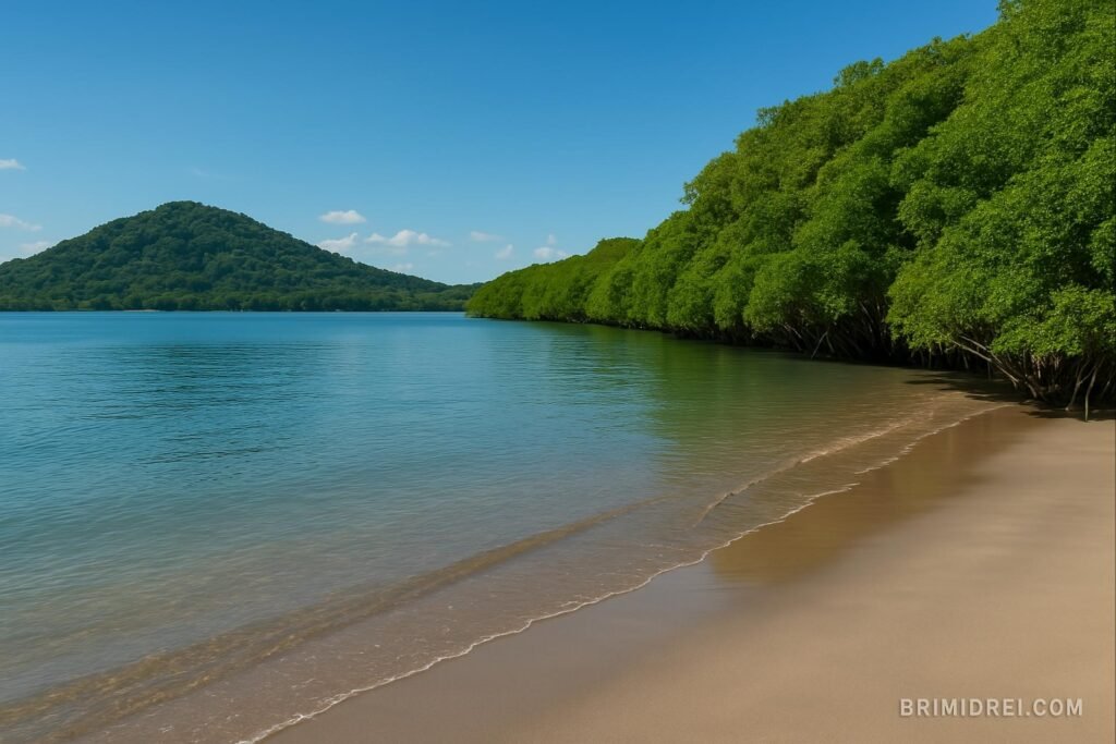 Tranquil Playa El Manglar in Amapala, with calm waters and lush mangrove forests.