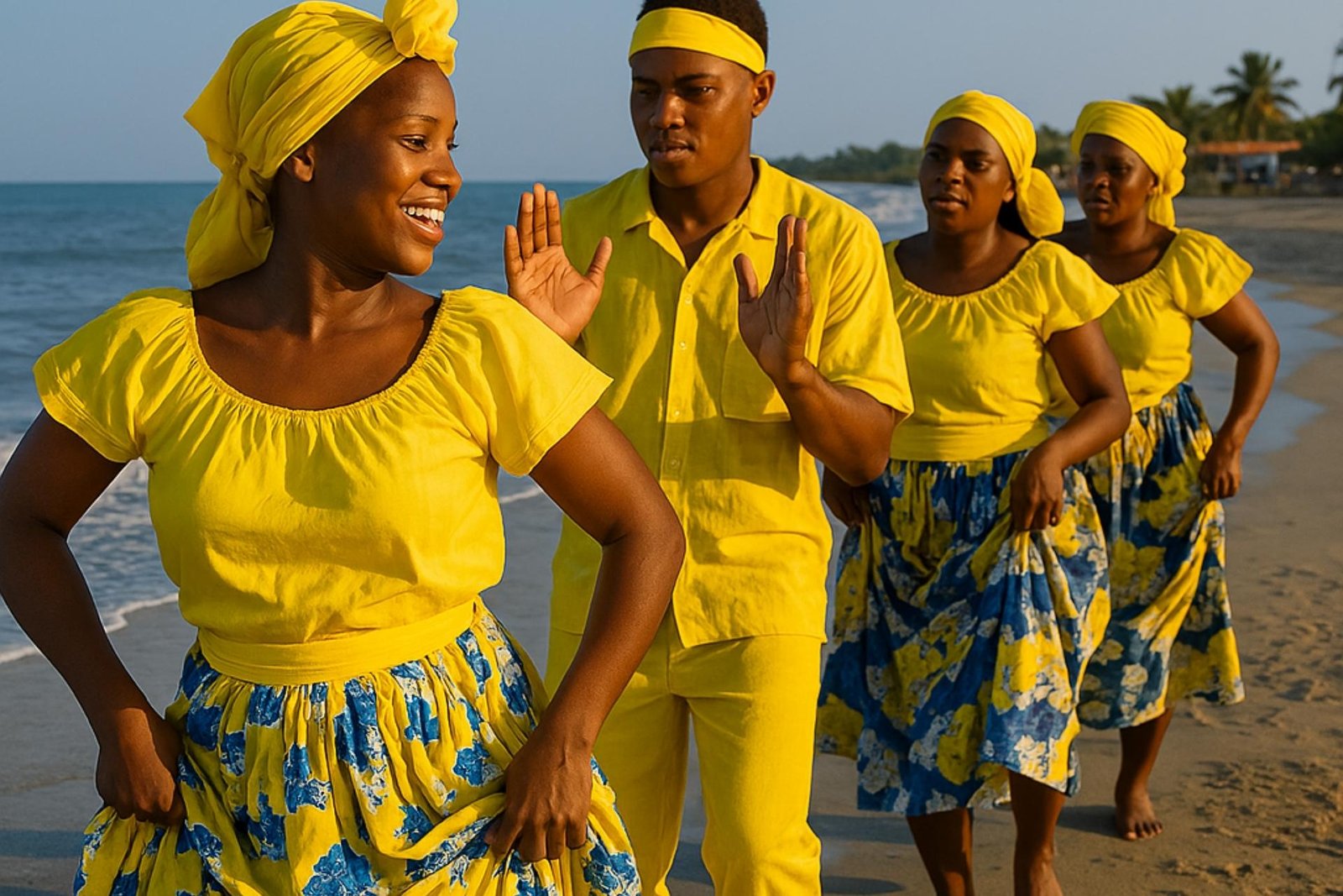 "Traditional Garifuna dancers performing in vibrant costumes on the beach in Trujillo"
