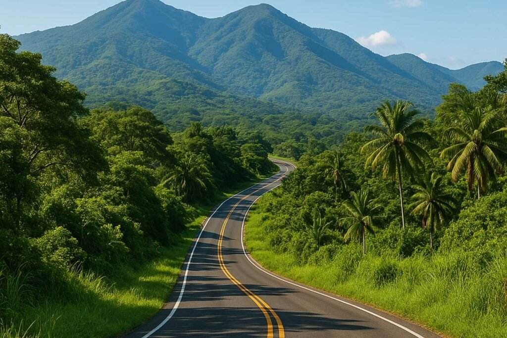 "Scenic mountain road surrounded by lush green trees and palm trees, leading towards the mountainous landscape of Trujillo, Honduras"