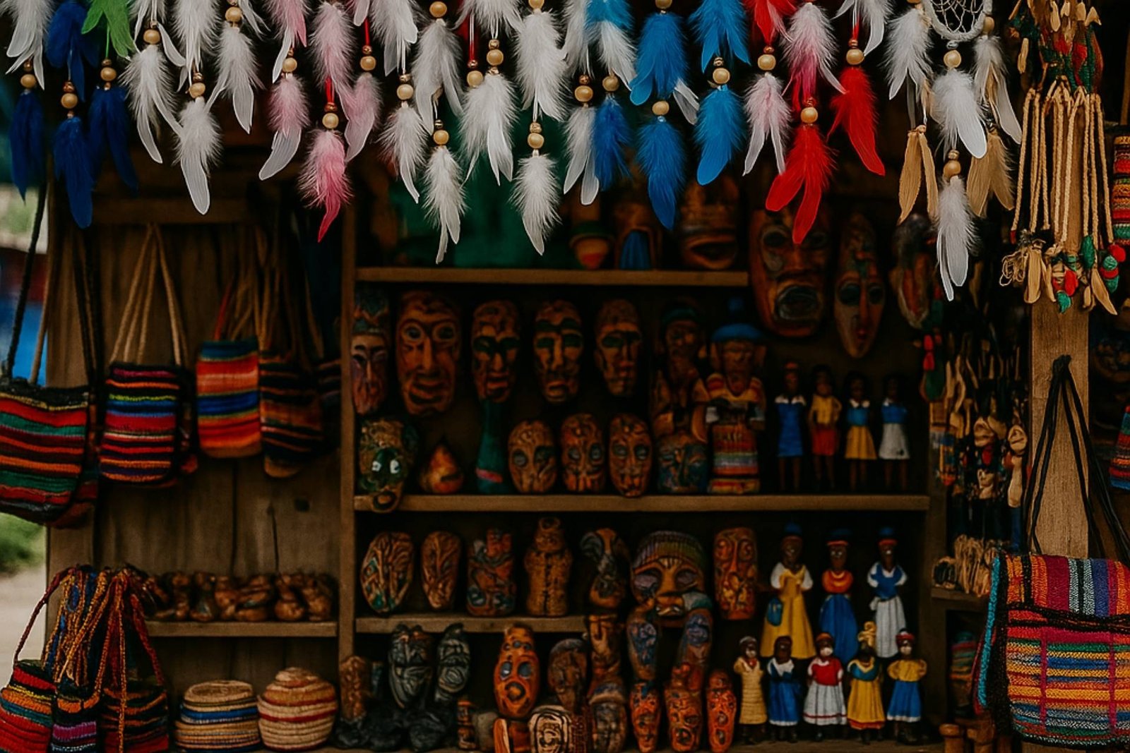 "Trujillo Central Market featuring colorful local crafts, traditional Garifuna clothing, and handmade souvenirs"