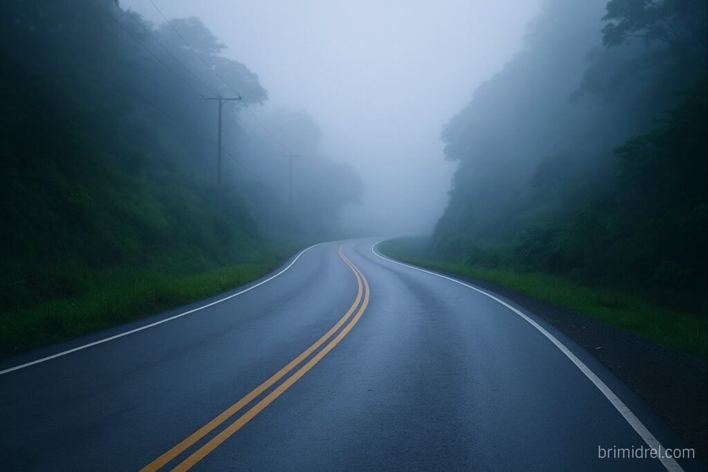 Early morning fog along a curvy mountain road near Ocotepeque