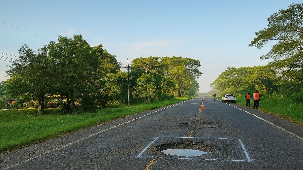 Road repair work on CA-13 between El Progreso and Tela, showing potholes, workers, and traffic cones on a rural highway in Honduras