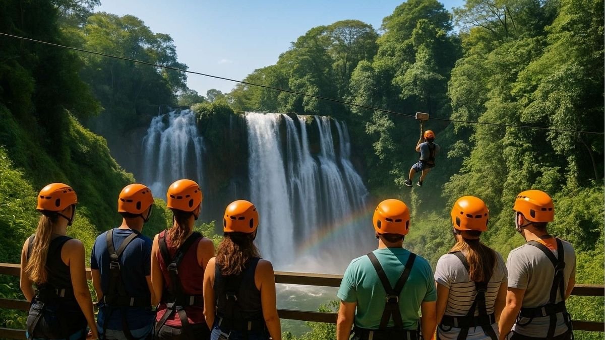 Group of tourists wearing helmets watching a zipliner cross Pulhapanzak Waterfall with rainbow mist in Honduras