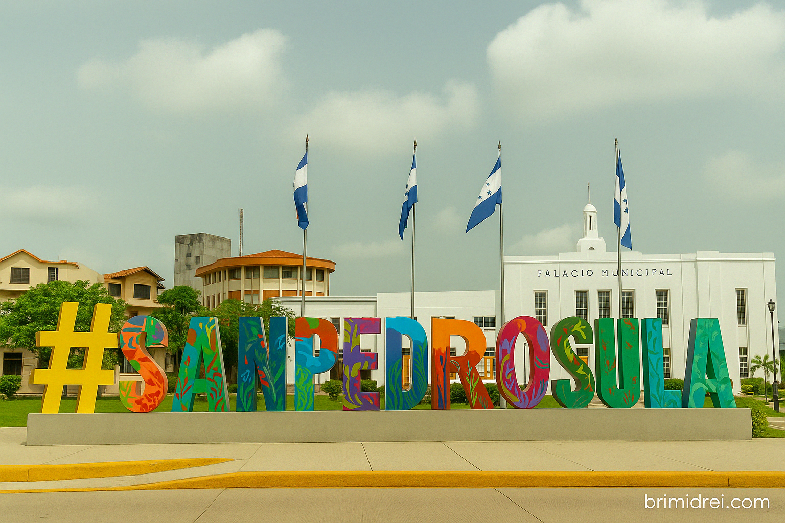 Colorful #SanPedroSula sign in front of the white Municipal Palace with waving Honduran flags and blue sky