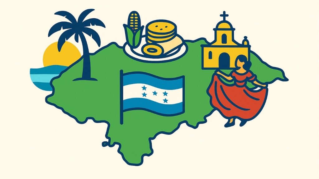 Colorful flat illustration representing Honduras: beaches, culture, food, and nature – official visual of Brimidrei’s About page.