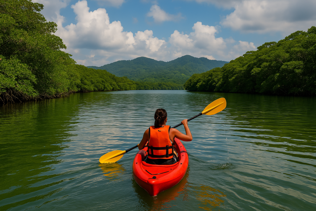 "Person kayaking in a red kayak on a calm river surrounded by lush green mangroves and rolling hills near Trujillo, Honduras"