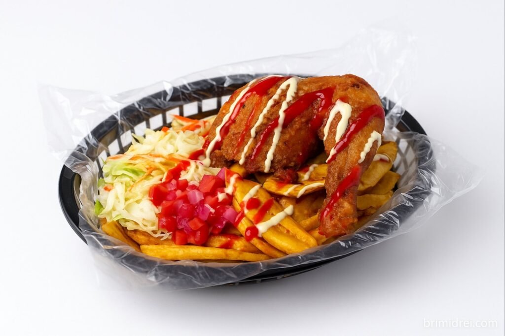 Pollo Chuco servido con tajadas y ensalada hondureña