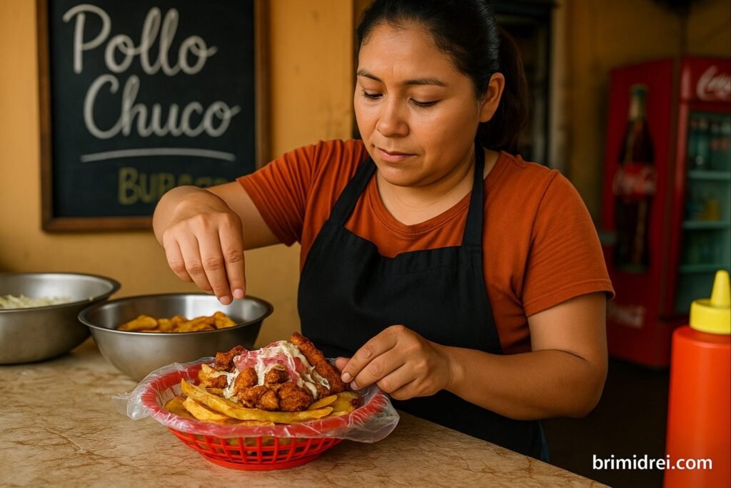 Pollo Chuco hondureño montado con tajadas, repollo y encurtido