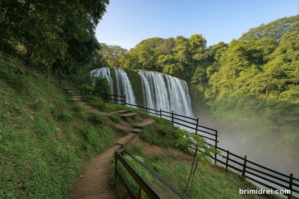 Scenic view of Pulhapanzak Waterfall in Honduras with forested trails and mist rising from the falls, captured on a clear day
