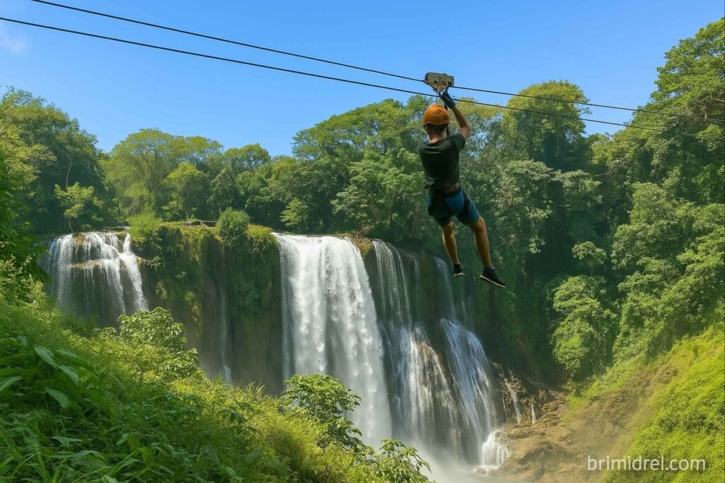 Adventurer ziplining across Pulhapanzak Waterfall in Honduras with lush green jungle and powerful falls below on a sunny day