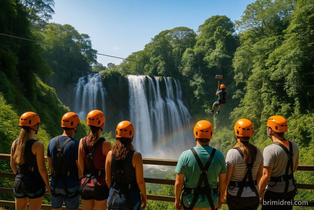 A group of tourists getting ready to zipline over Pulhapanzak Waterfall in Honduras, surrounded by lush greenery on a sunny day