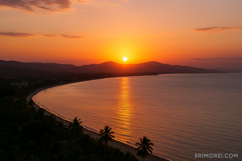 "Sunset over Trujillo Bay with palm trees and tranquil waters reflecting the golden sky at dusk"